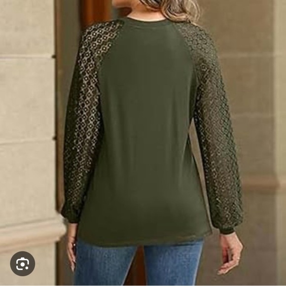 Boho Blouse Pleated Bodice Delicate Olive Crew Neck Lace long sleeves New w/ tag - Picture 11 of 11
